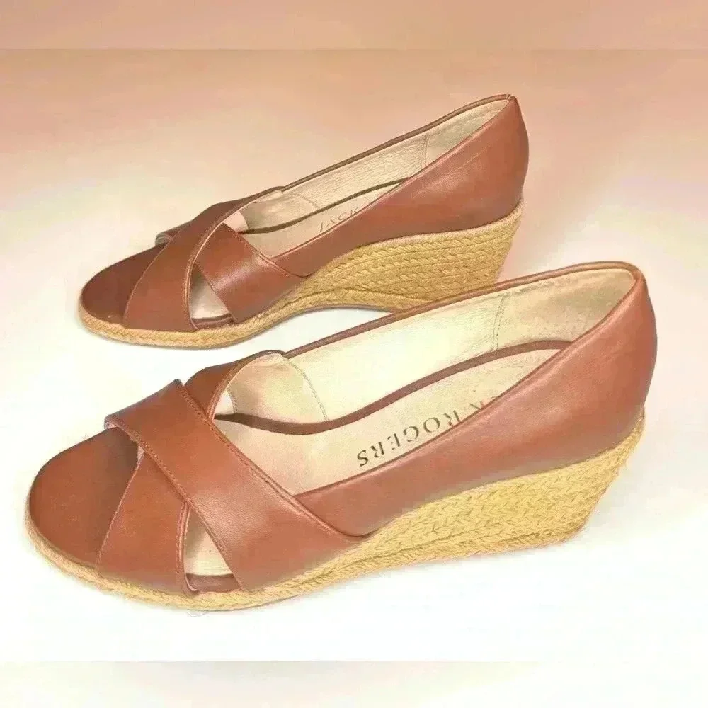 Jack Rogers Womens PALMER Crisscross Wedge Espadrille Heels Mocha Leather SZ-6